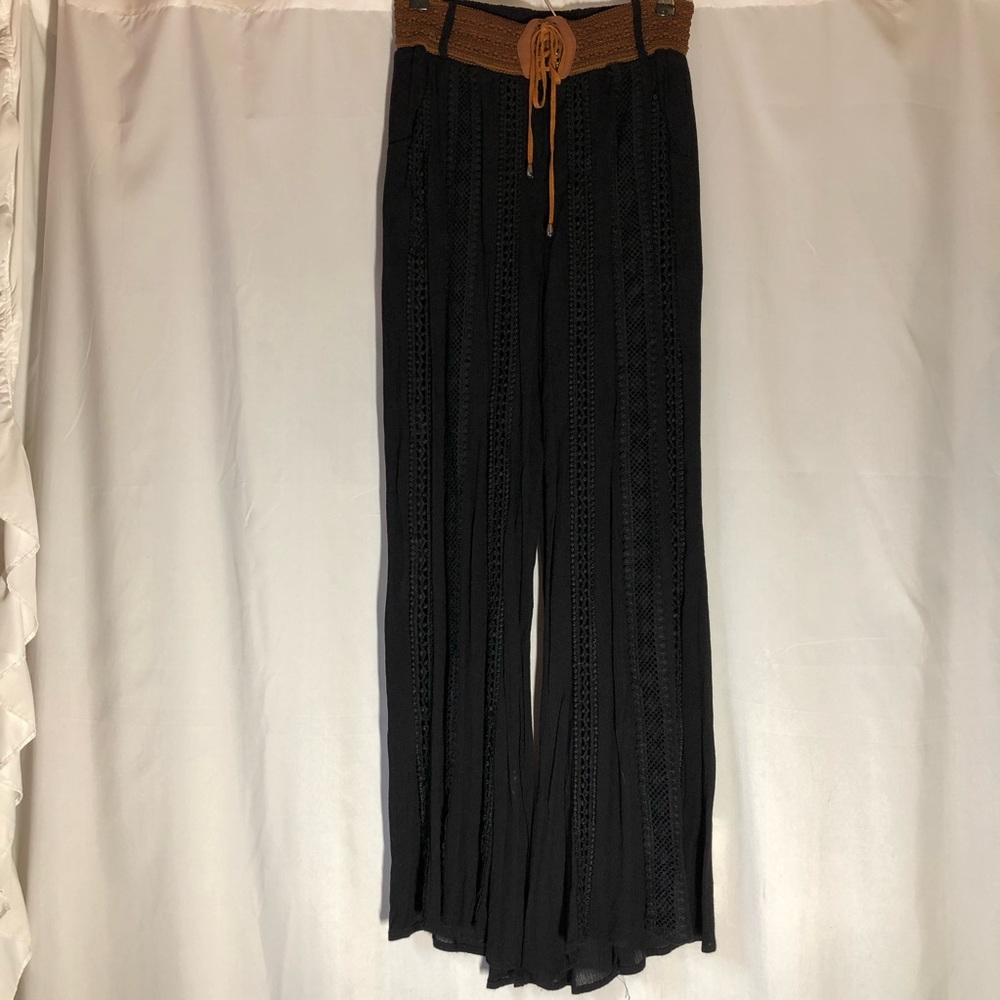 Relaxed Black Boho Pants w/ Brown Elastic Waist Size L